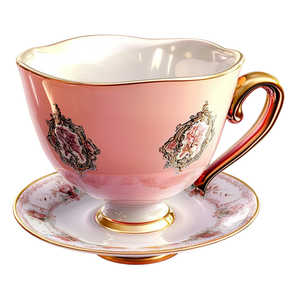 Pink Teacup and Saucer Gold Rim and Floral Pattern, An Elegant Vintage Design that Creates the Perfect Setting for Romantic Tea Time Moments, Offering a Touch of Grace and Sophistication Every Sip, png