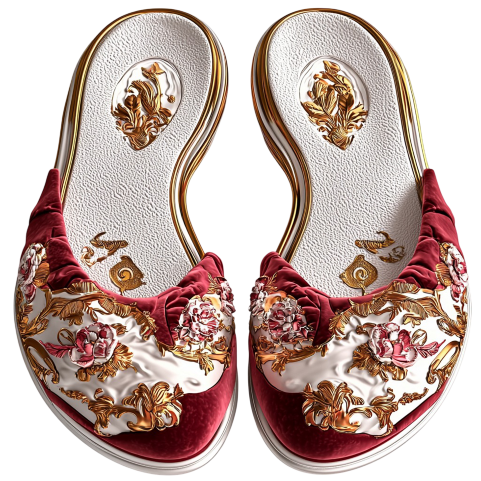 Red Slippers Intricate Gold Embroidery and Elegant Design, a Romantic FootwearInspired Decorative Piece or Unique Gift That Combines Comfort, Beauty, and Cultural Flair Vintage Accessory Appeal, png