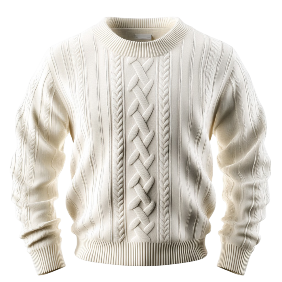 White Sweater Featuring Cable Knit Design and Elegant Style, A Cozy Fashion Statement Perfect as a Romantic Gift or Everyday Accessory, Blending Comfort and Charm in a Thoughtful Way, png