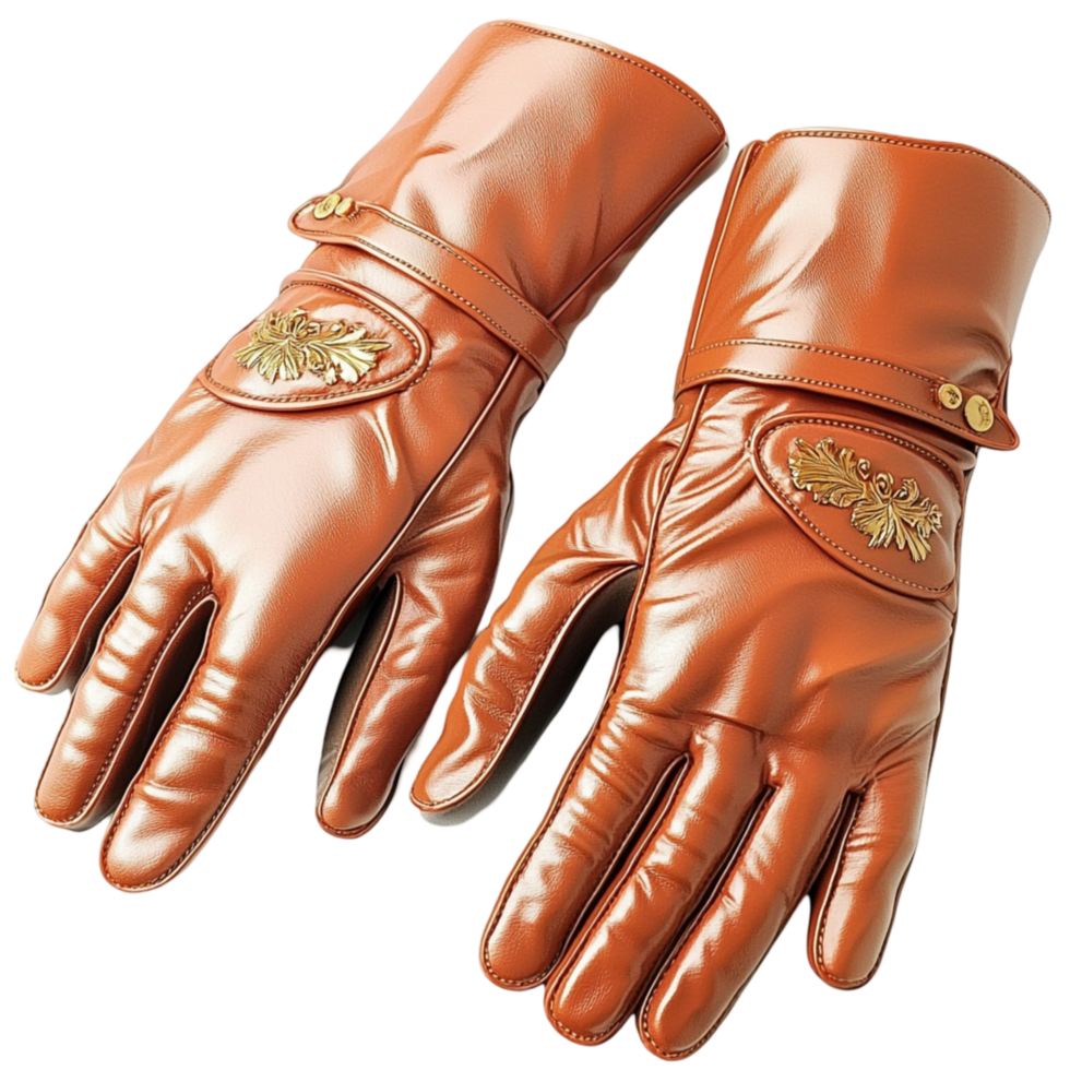 Brown Leather Gloves Gold Embroidery and Elegant Design, A Fashion Accessory Offering Warmth and Romantic Charm, Perfect as a Thoughtful Gift or Stylish Winter Statement, png