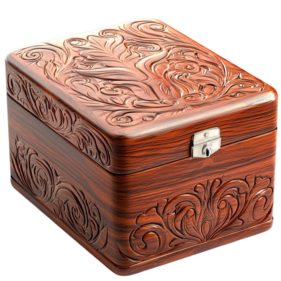Wooden Carved Box,An intricately carved wooden box antique appeal, serving as elegant storage for treasures and keepsakes, blendingistic craftsmanship timeless beauty in a vintageinspired design. png