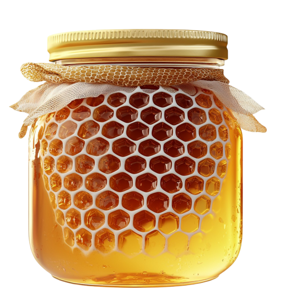 Glass Jar Golden Honey,A clear glass jar filled golden honey, sweet and natural, symbolizing health, delight, and preserved nature an elegant touch and a golden hue of charm. png