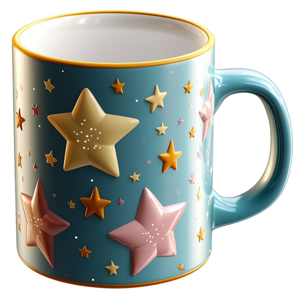 Blue Mug Star Pattern,A blue mug adorned star pattern, combining sophisticated design and charming elegance for a stylish beverage service experience that brings joy to daily rituals and cozy moments. png