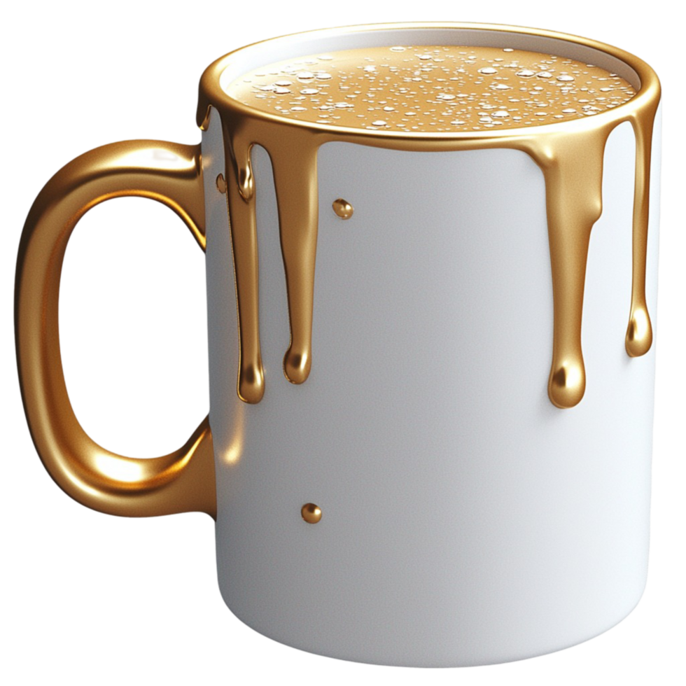 White Mug Golden Honey Drip, Perfect for Elegant Beverage Service, Adding Sophistication and Charm to Your Morning Routine or Special Occasions, Making Every Sip Feel Refined and Luxurious, png