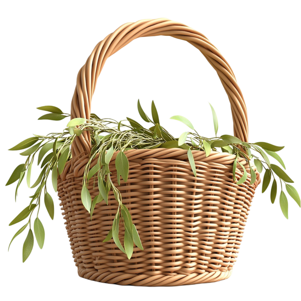 Wicker Basket Green Leaves Nature Inspired Design Rustic Elegance Charm png