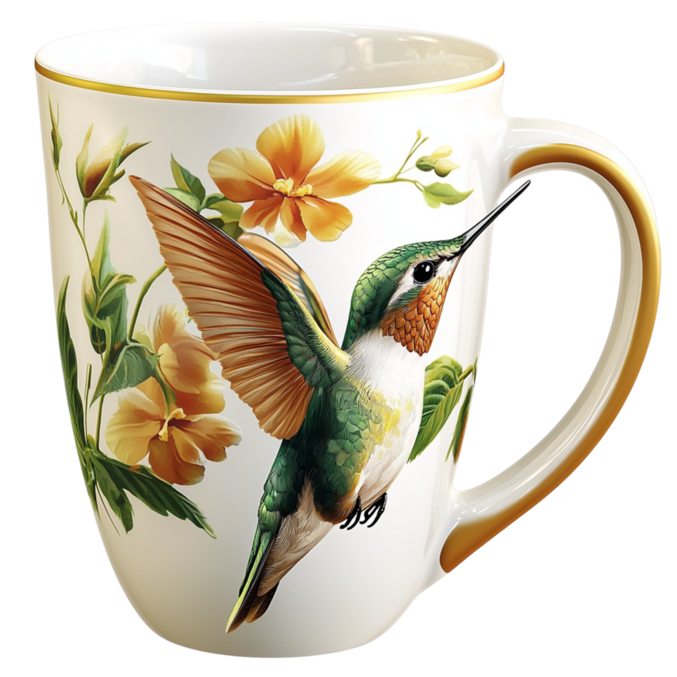 White Teacup Hummingbird Pattern Ornate Design Elegant Beverage Service Sophistication png