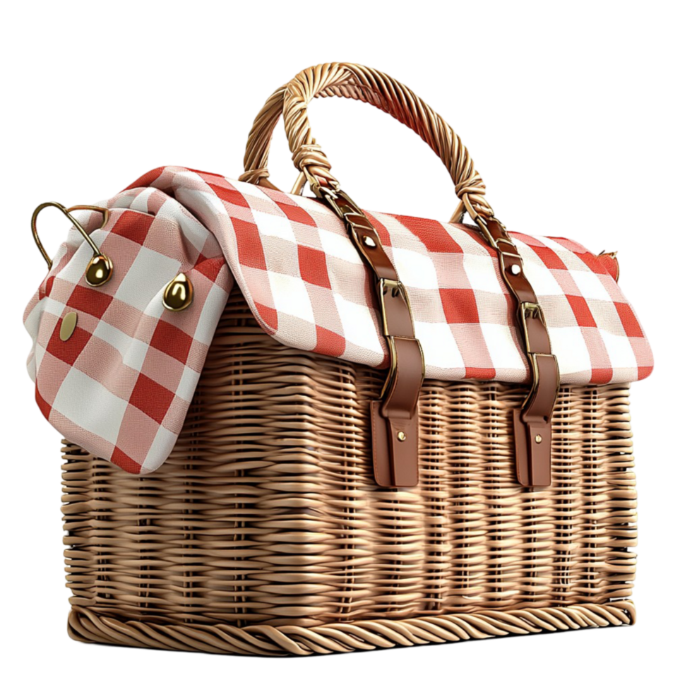 Woven Picnic Basket Red and White Checkered Cloth, Featuring Rustic Charm and Practical Design, An Ideal Accessory for Outdoor Outings and Gatherings, png