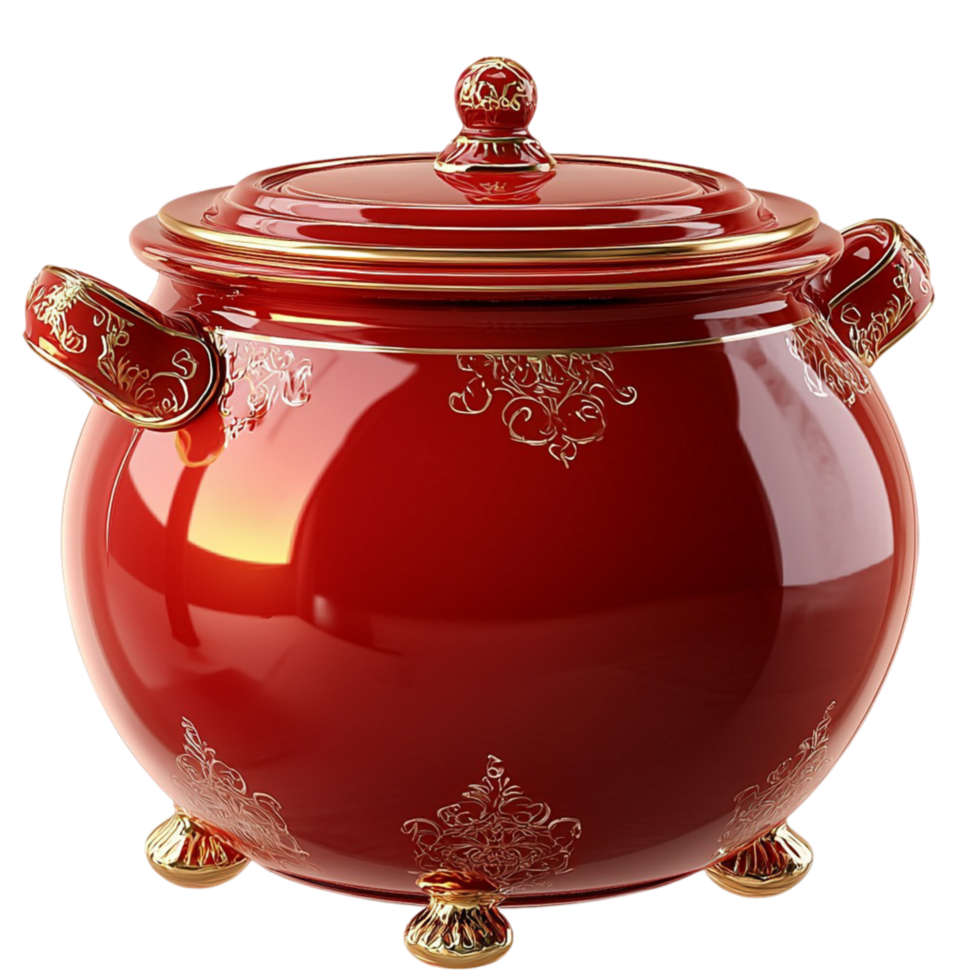 Red Pot,An elegant red pot ornate detailing, crafted for sophisticated cooking and luxurious display. A symbol of culinary passion, charm, warmth, tradition, and refined kitchenistry and style. png