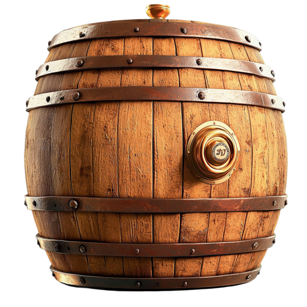 Wooden Barrel rustic design providing functional storage and vintage charm, merging traditional craftsmanship the elegance of oldworld practicality in a warm and inviting space png