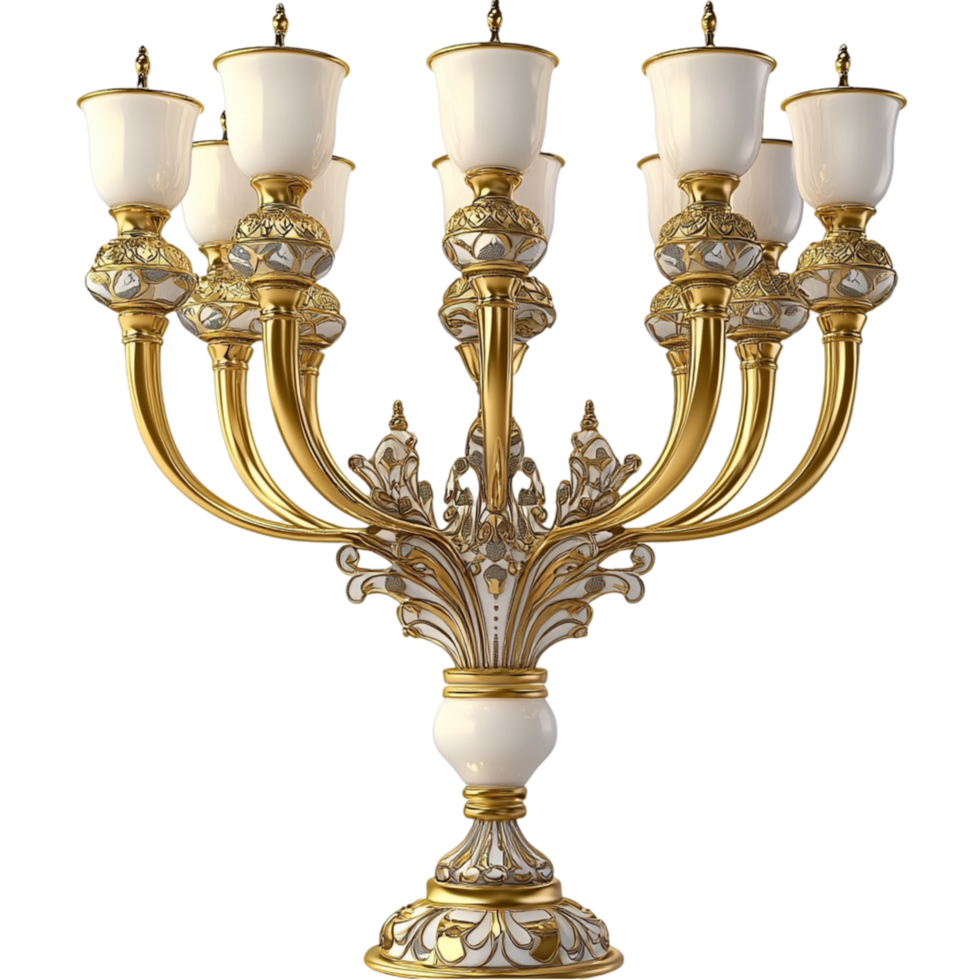 Golden Candelabra multiple arms and ornate design offering luxury lighting and decorative elegance, enhancing charm and ambiance in regal, opulent interiors or formal settings png