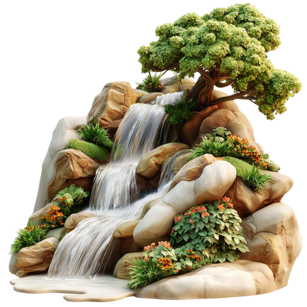 Bonsai Tree Waterfall Design Representing Minimalist Nature Beauty, Tranquility, Elegance, and Symbolic Charm in anistic Expression of Harmony, Patience, and Natural Balance in Decorative Form png