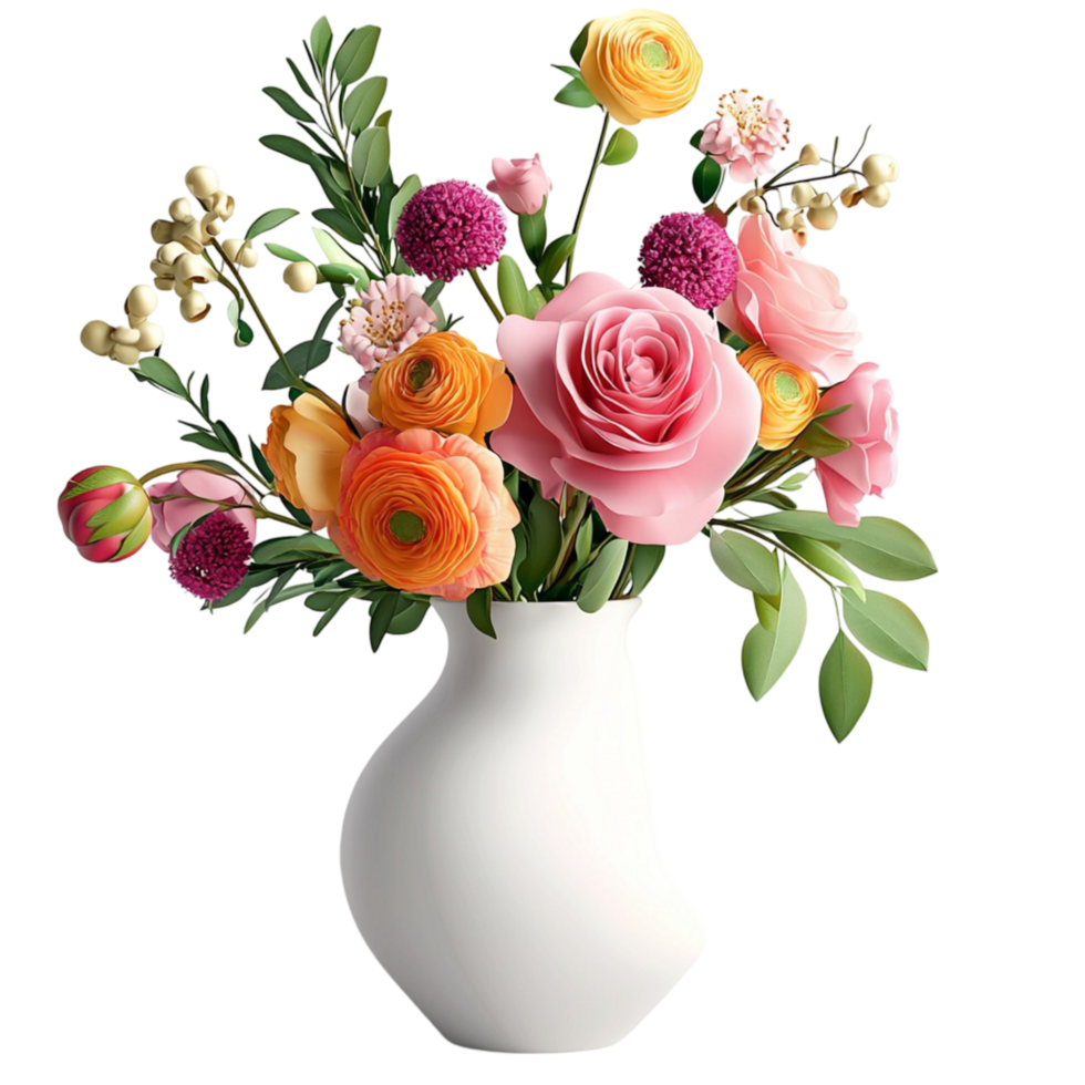 White vase filled mixed spring flowers, combining natures beauty seasonal serenity and elegance, creating a charming decorative accent that brings peace and grace to any interior space. png