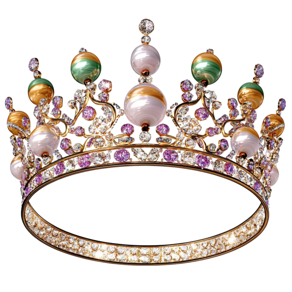 White Tiara Pink Gems Regal Accessory Representing Royalty, Luxury, Elegance, and Feminine Charm in a Classic Crown Design Sparkling Stones to Embody Grace and Noble Sophistication png