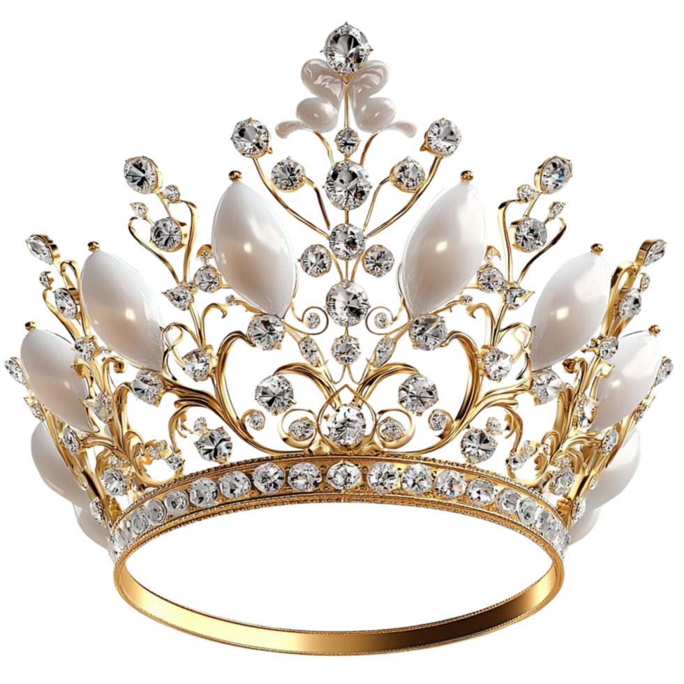 Silver diamond crown white pearls in regal symmetrical design suitable for royal pageants or ceremonial royal attire representation in historical displays png