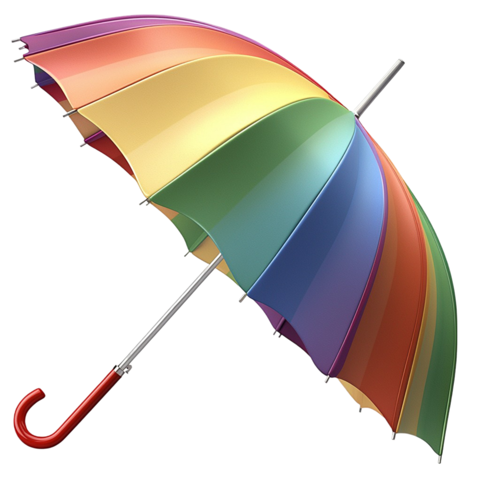 Rainbow umbrella curved red handle used in colorful rainy day s cheerful weather visuals or playful children accessories for vibrant storytelling png