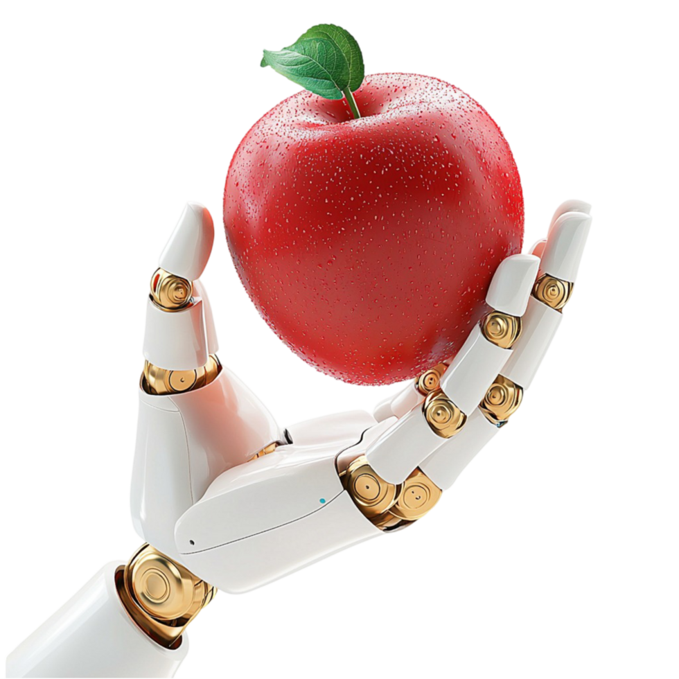 Robotic Hand Holding Shiny Red Apple Firmly Advanced Technology Grasps Nature Precision Effortlessly png