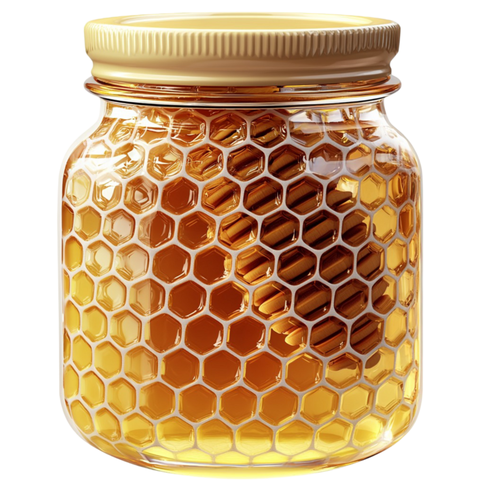 Golden Honey Jar Hexagonal Pattern Sweet Natural Nectar Glass Container Delicious Spread Breakfast Delight Healthy Ingredient Rustic Charm png