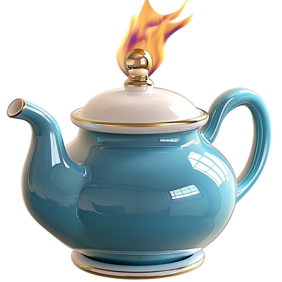 Glossy blue porcelain teapot golden flameshaped lid detailed handle traditional Eastern design used in luxury tea ceremonies and fine home dcor png