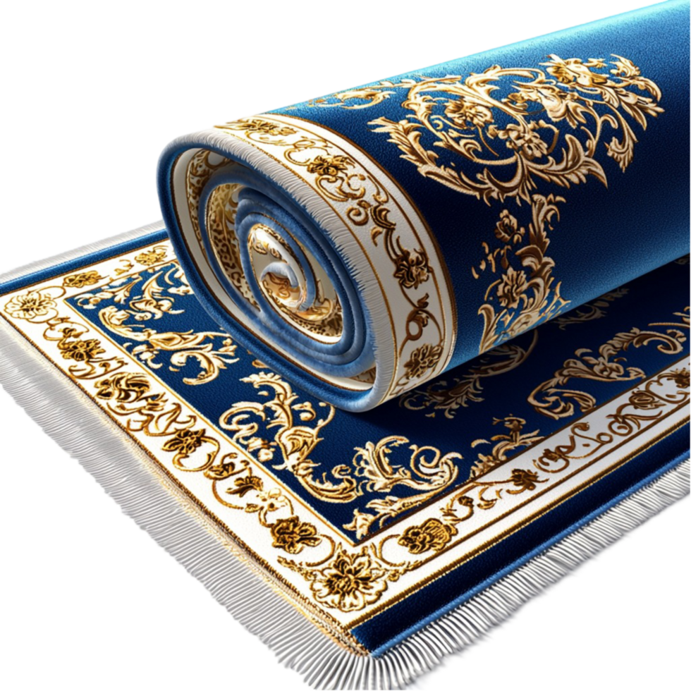 Blue Prayer Mat Gold Pattern Elegant Religious Accessory Decorative Piece Spiritual Symbol Timeless Charm Functional Essential Statement Beauty Craftsmanship png