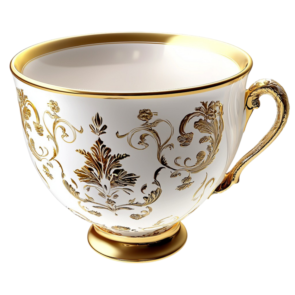 White Porcelain Teacup Gold Trim Elegant Drinkware Cozy Beverage Container Delicate Design Timeless Beauty Romantic Charm Table Essential Piece png