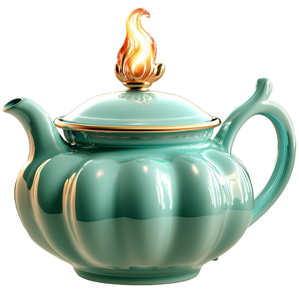 Teal Teapot Flaming Spout and Magical Glow, Designed Whimsical Elegance for an Enchanted Tea Party, Featuring Unique and Eyecatching Details to Elevate Your Afternoon Tea Experience, png