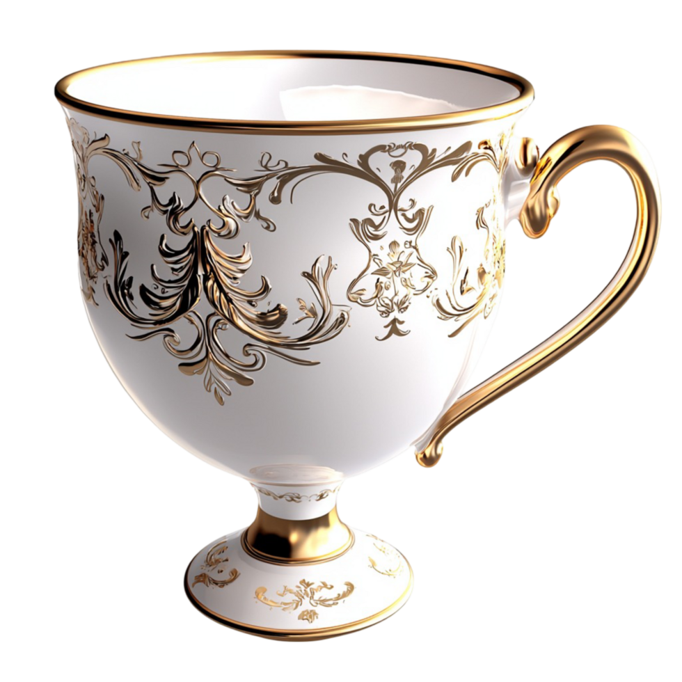 White Porcelain Teacup Gold Handle and Elegant Design, A VintageStyle Luxurious Tableware Essential, Offering Timeless Beauty and Grace to Enhance Your Tea Time and Dining Experience, png
