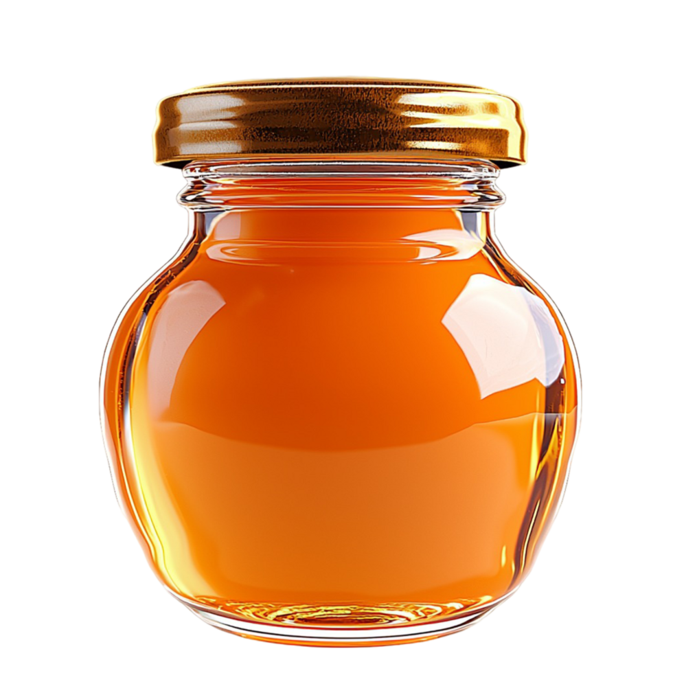Glass Honey Jar Golden Hue, Featuring a Sweet Nectar and Hexagon Pattern, This Rustic Table Decor Adds a Touch of Charm and Natural Elegance to Your Dining Experience, png