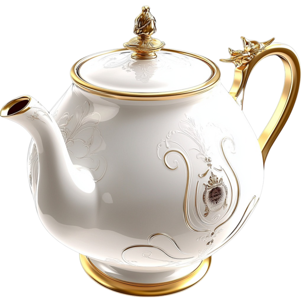 White Porcelain Teapot Gold Handle in Elegant Vintage Style, Offering Luxurious Tableware Appeal and a Timeless Essential Piece for Sophisticated Tea Moments and Decorative Dining Presentations png