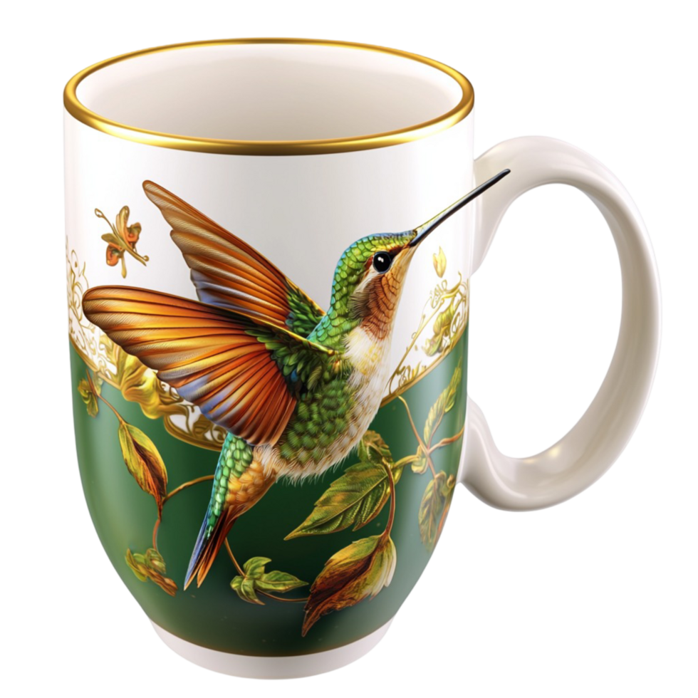 White Ceramic Mug Hummingbird Pattern Featuring Elegant Design and Cozy Appeal, Perfect for Whimsical Drinkware Collections and a Charming Essential Addition to Any Table or Kitchen Setting png