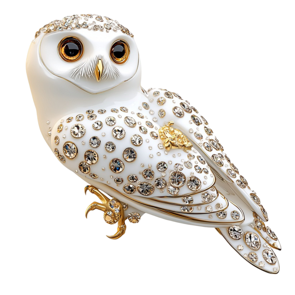 White Owl Sparkling Feathers and Elegant Design, A Whimsical Character Bringing Nature Charm and Vintage Decor Style to Shelves, Tables, or Enchanted WoodlandInspired Interior Spaces png