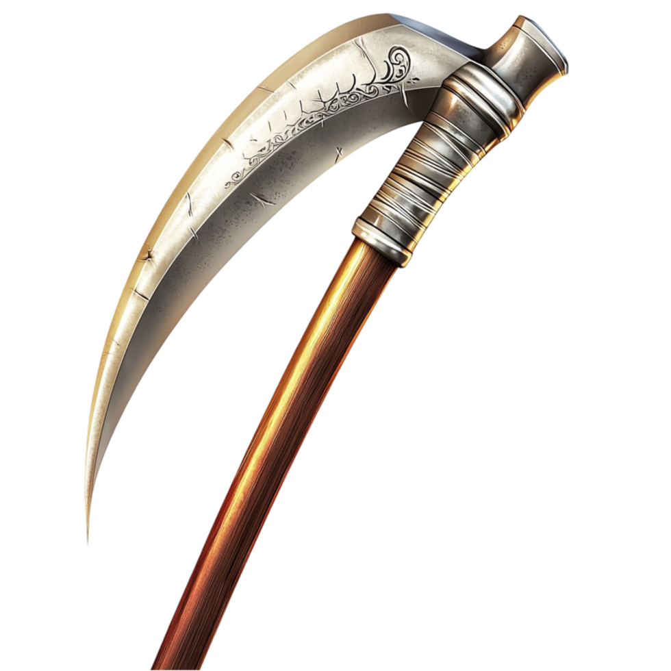 Silver Scythe Wooden Handle Sharp Blade Whimsical Design Mystical Charm Essential Piece png