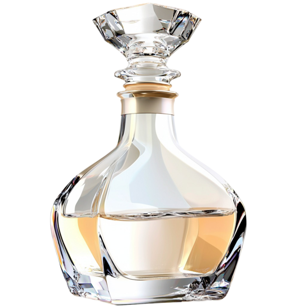Crystal Decanter Featuring Gold Accents and Intricate Elegant Design Enhancing Drinkware Experience Luxurious Table Setting Ideal for Entertaining Guests Classic Style and Sophisticated Taste png