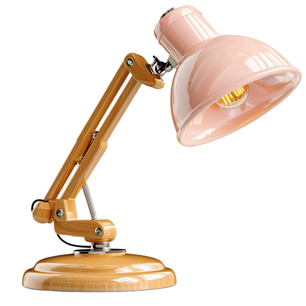 Pink Desk Lamp Featuring Wooden Base and Soft Glow, Combining Modern Design Functional Decor to Enhance Any Space its Elegant and Cozy Lighting Effect for an Inviting Atmosphere png