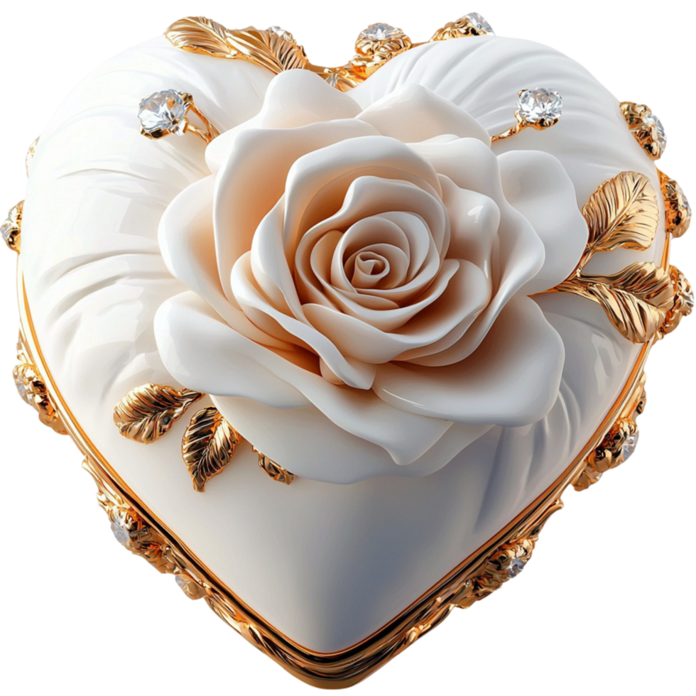 White Rose Heart Frame Gold Accents, Romantic Symbol Elegant Design and Luxurious Decor, Featuring a HeartShaped Frame Adorned Delicate White Roses and Golden Accents. png