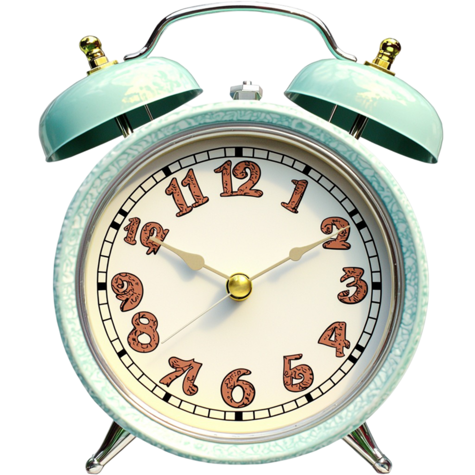 Teal alarm clock gold accents in an elegant design, a vintage timepiece and whimsical decorative element that blends charm and function for refined bedroom or study spaces. png