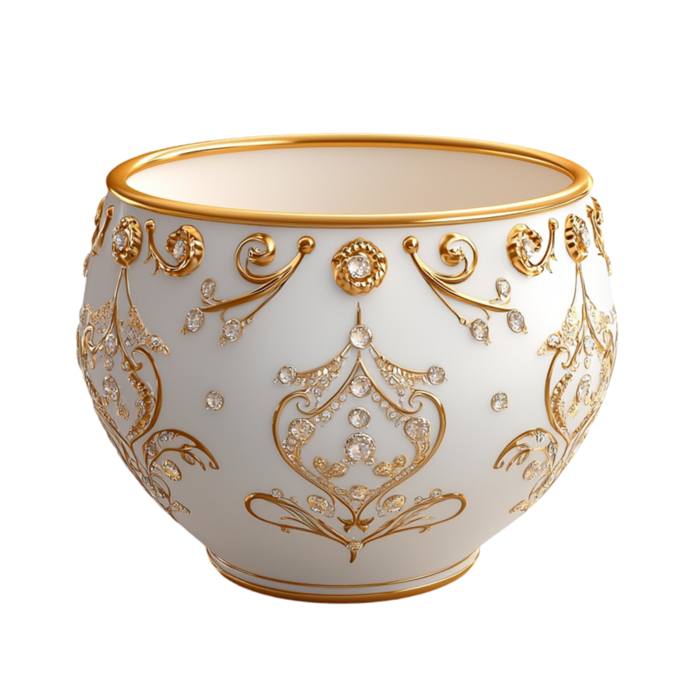 White porcelain bowl featuring gold patterns and intricate design, exuding luxurious tableware appeal and elegant decor aesthetics for timeless style and refined culinary presentation. png