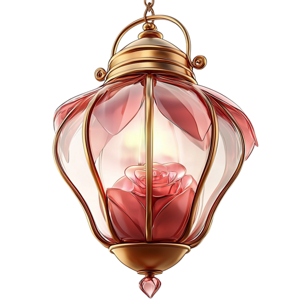 Pink glass lantern enclosed in gold frame soft glow and intricate design, an elegant decor item adding vintage flair and whimsical ambiance to intimate or romantic settings. png