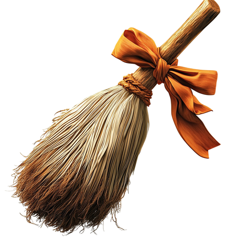 Straw Broom Orange Bow Rustic Design Vintage Tool Whimsical Charm Farmhouse Decor png