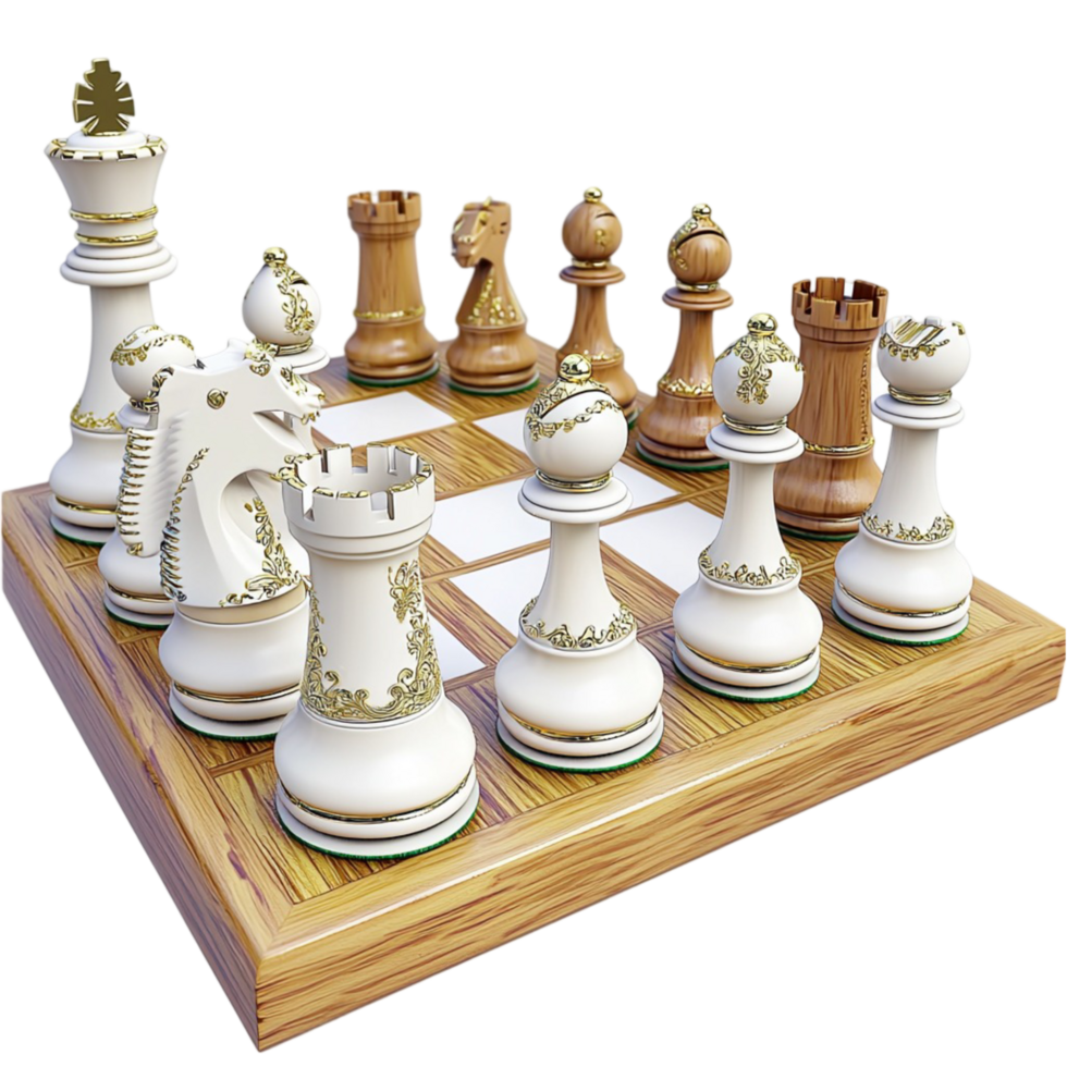 Chess Set White Pieces and Wooden Board Displaying Elegant Vintage Design for Essential Game Piece Offering Intellectual Entertainment and Classic Table Decor for Thoughtful and Strategic Gatherings png