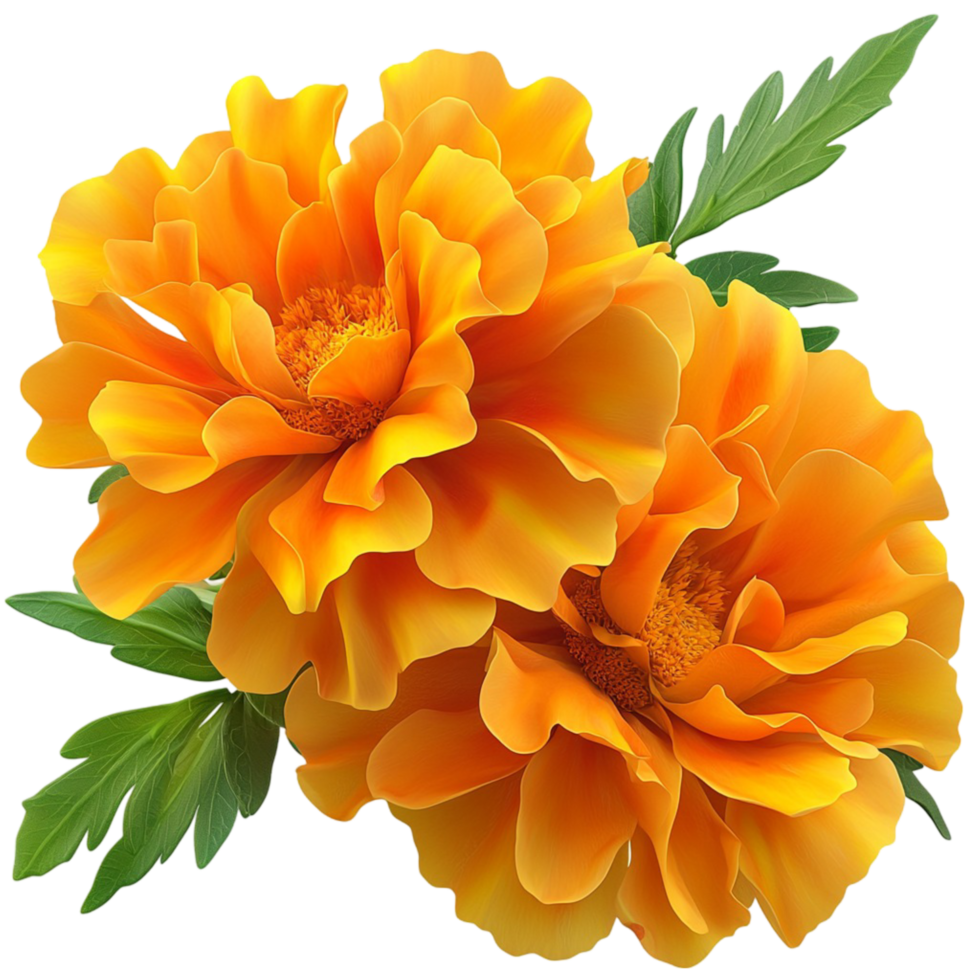 Orange Marigolds Green Leaves Vibrant Petals Natural Texture Whimsical Design Floral Decor png