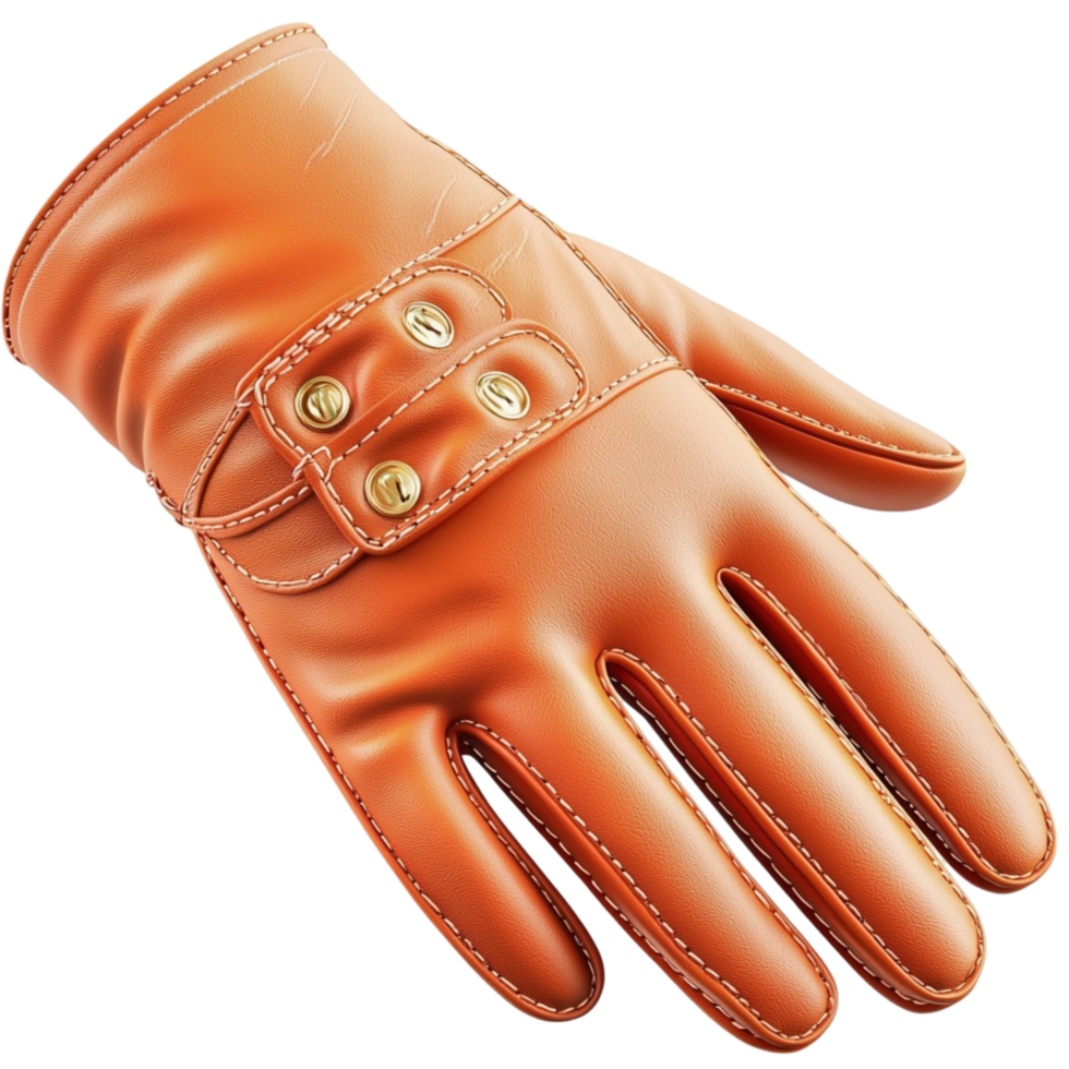 Orange Leather Glove Shiny Texture and Sleek Modern Design Offering Protective Wear Fashion Statement Quality Blending Practicality Stylish Appeal for Contemporary Wardrobe Essentials png