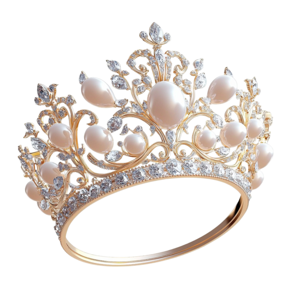 Golden Crown White Pearls Sparkling Gems Regal Design Princess Royalty Symbol Timeless Elegance Majestic Headpiece png
