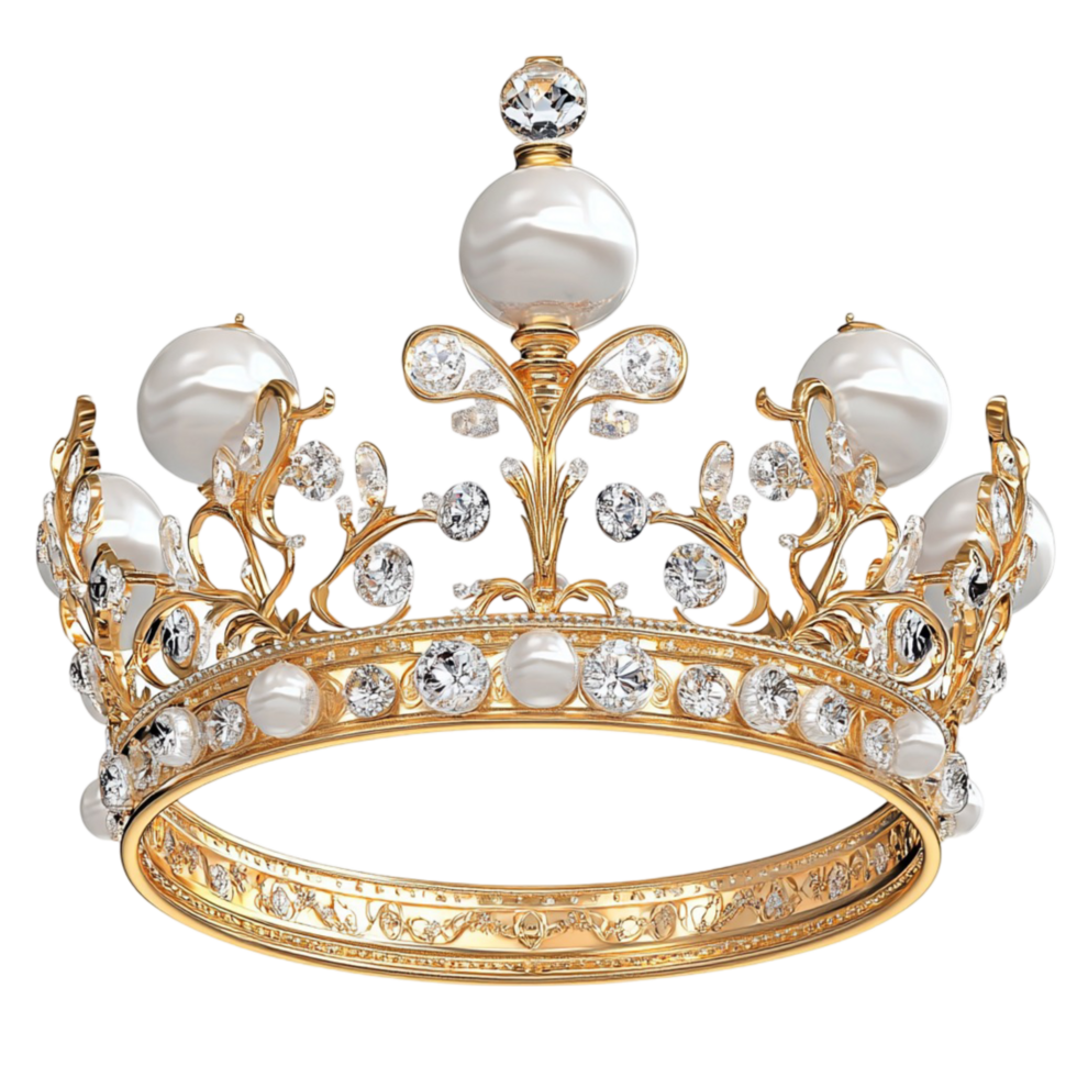 Golden Crown White Pearls Sparkling Gems Regal Design Princess Royalty Symbol Elegant Headpiece Timeless Royalty Accessory png
