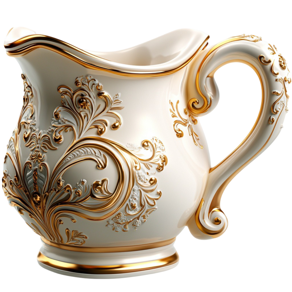 White Porcelain Pitcher Gold Handle Elegant Design Vintage Style Luxurious Tableware Essential png