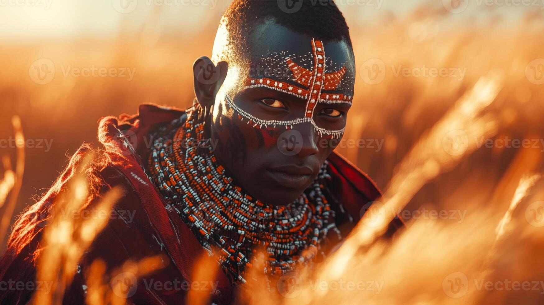 African male in traditional beaded attire amidst golden grasses photo