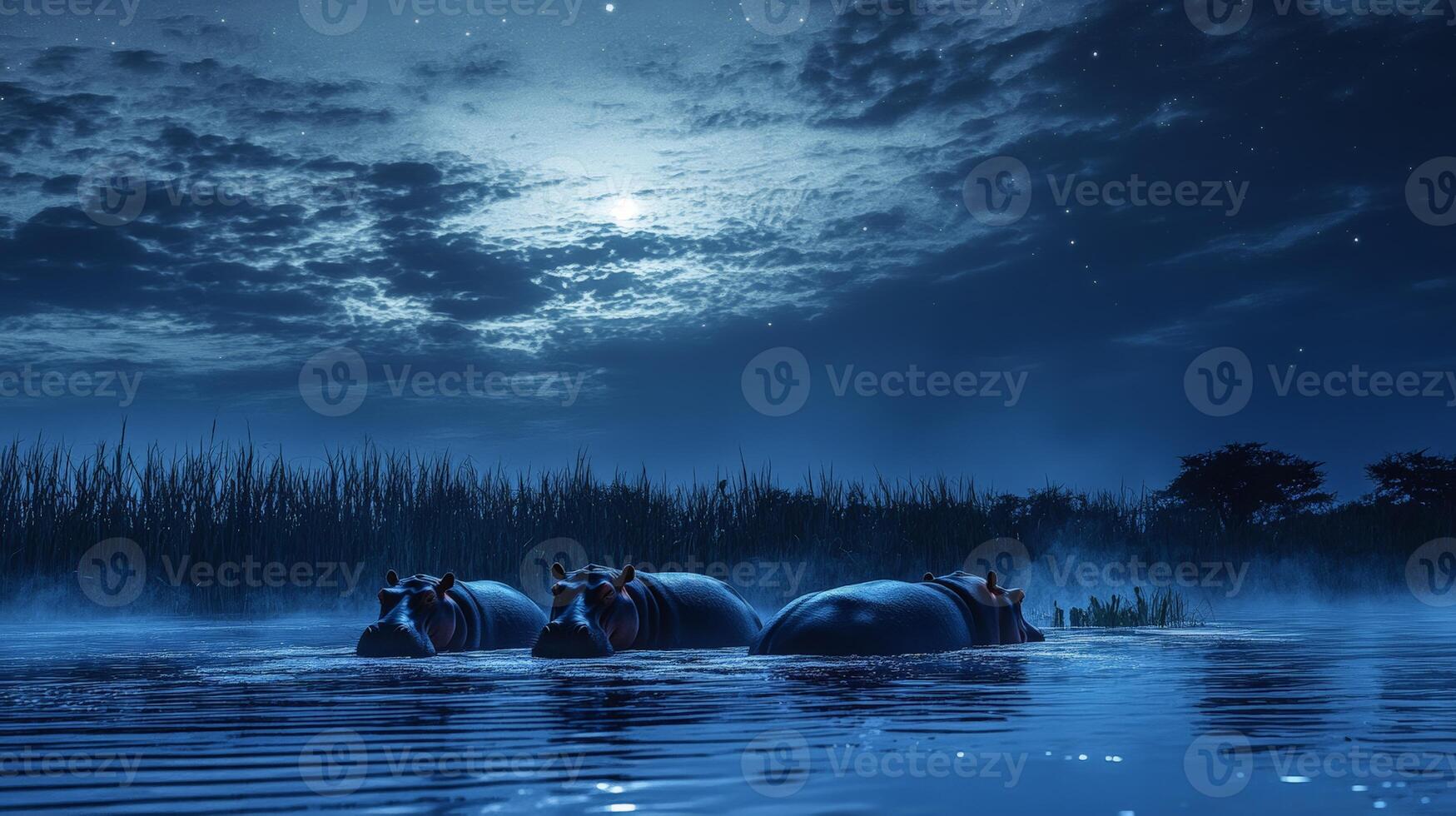 Tranquil night scene with hippos in misty river under moonlit sky photo