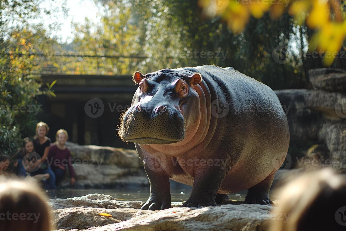 Majestic hippopotamus in natural habitat at zoo with onlookers photo