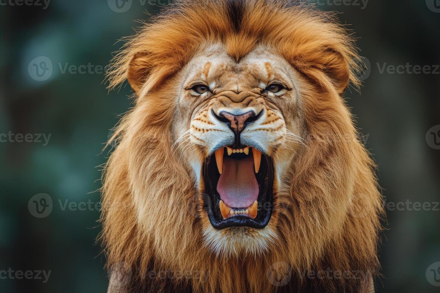 Majestic male lion roaring in wilderness with fierce expression and luxurious mane photo