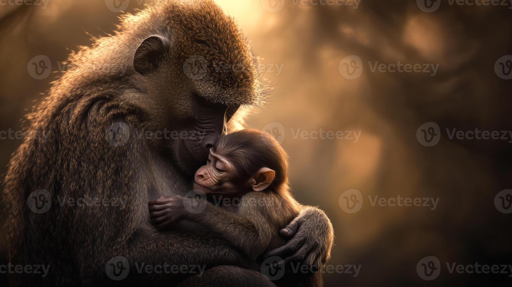 Tender bond between adult baboon and baby in golden light photo
