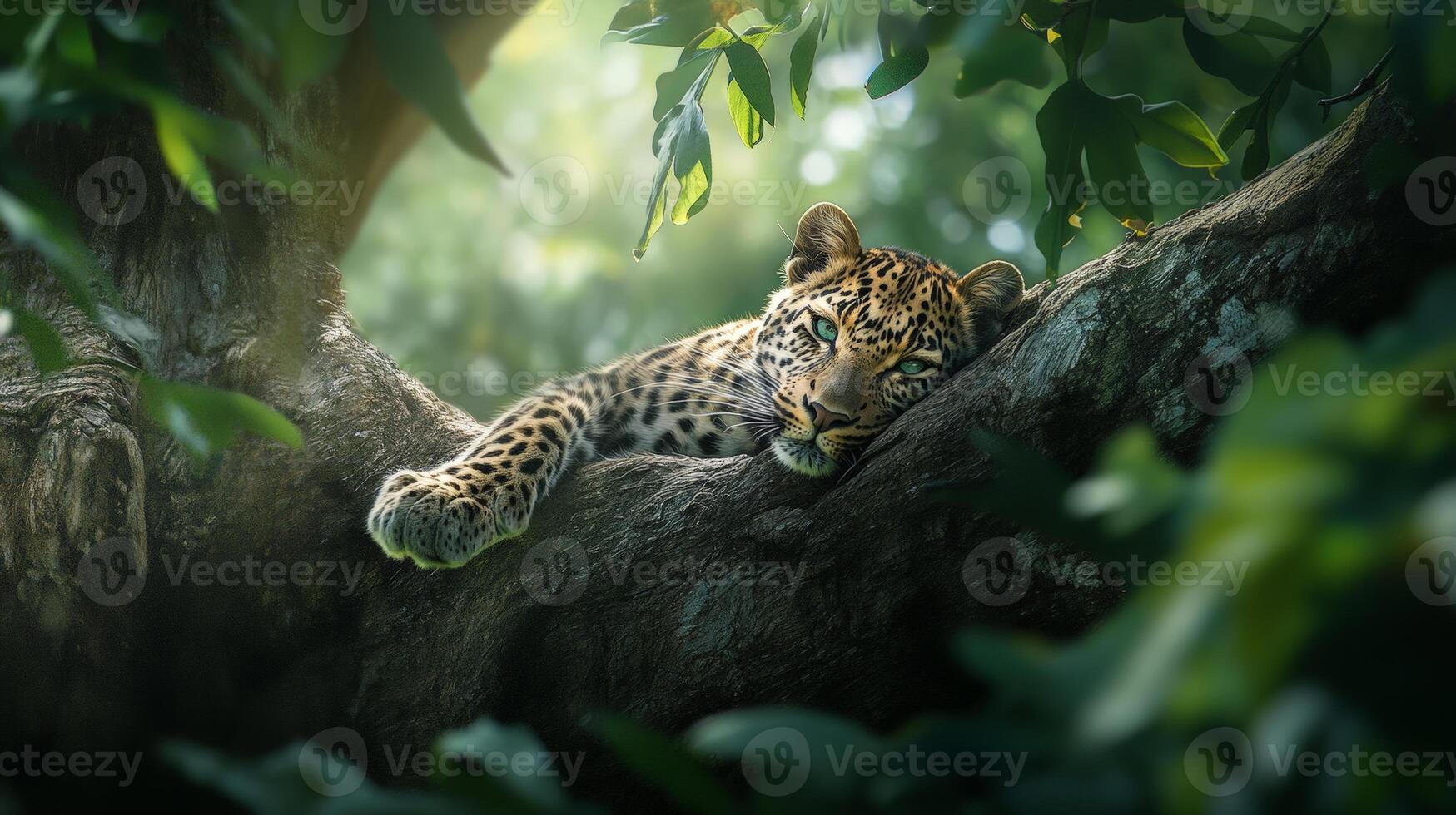 Leopard resting on tree in lush jungle surrounded by sunlit greenery photo